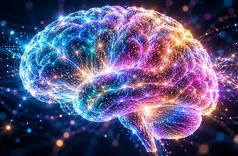 A brilliant multicolored glowing brain made of intricate neural networks, sparkling with electric blue, cyan, violet, pink and golden light, symbolizing artificial intelligence.