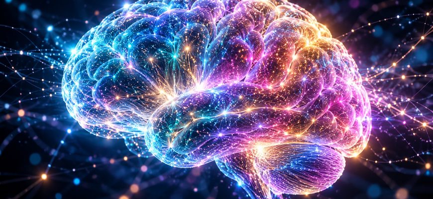 A brilliant multicolored glowing brain made of intricate neural networks, sparkling with electric blue, cyan, violet, pink and golden light, symbolizing artificial intelligence.