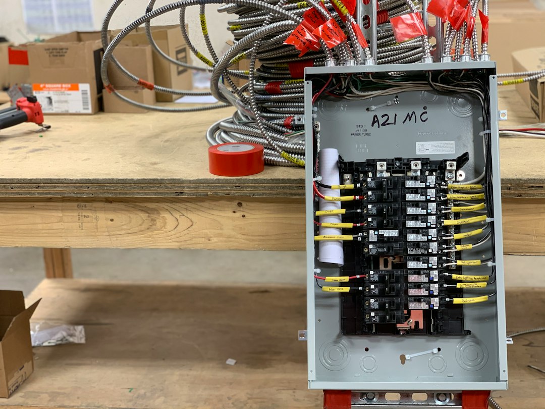 Electrical distribution panel with circuit breakers and wiring, illustrating the power hardware between computing equipment and the electrical supply.