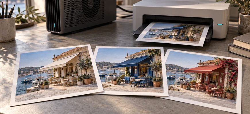 Three prints show different designs for the same seaside café beside a compact AI workstation and photo printer.