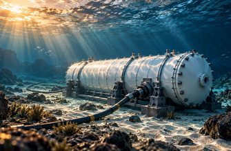 Sealed underwater datacenter module resting on the seabed in clear blue water, illuminated by warm sunset rays.