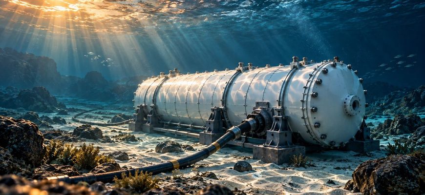 Sealed underwater datacenter module resting on the seabed in clear blue water, illuminated by warm sunset rays.