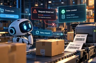 Why AI agents repeat actions after timeout: a confused AI robot monitors a failed request while an automated warehouse produces duplicate orders.