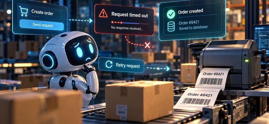 Why AI agents repeat actions after timeout: a confused AI robot monitors a failed request while an automated warehouse produces duplicate orders.