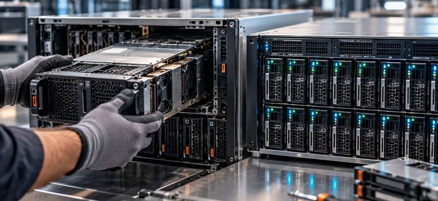 AI agent crash recovery: a technician removes a failed compute server module while a separate storage system remains operational, preserving workflow data.