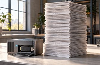 A compact automation server with an exposed NVMe SSD beside a towering stack of execution records, illustrating how n8n workflow history consumes disk space.