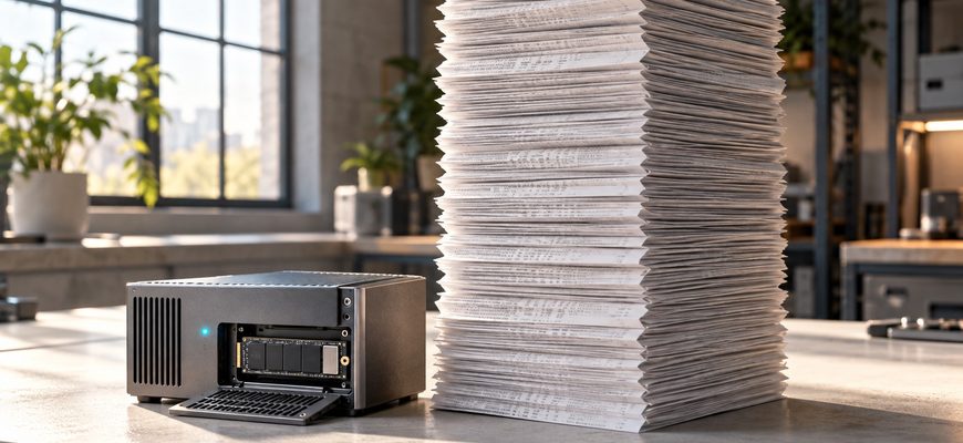 A compact automation server with an exposed NVMe SSD beside a towering stack of execution records, illustrating how n8n workflow history consumes disk space.
