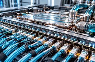 Photorealistic illustration of a liquid-cooled AI network switch with dense fiber-optic connections, high-speed ports, a metal cooling plate and coolant tubes inside a data center.
