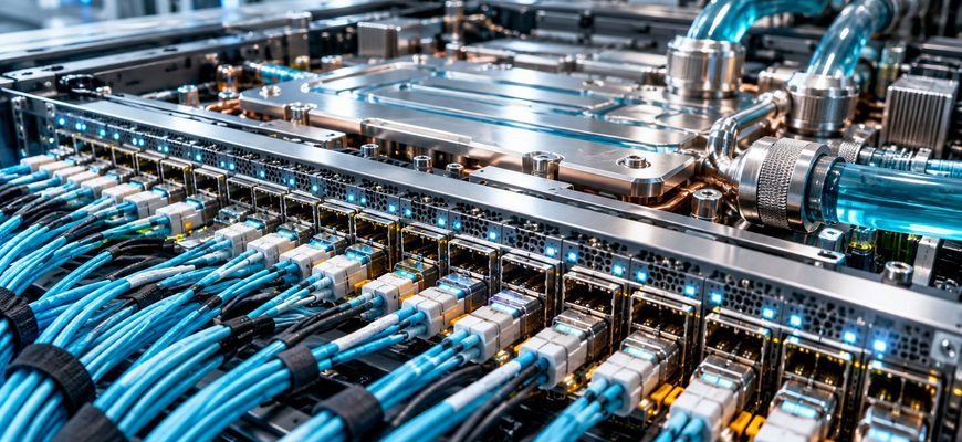 Photorealistic illustration of a liquid-cooled AI network switch with dense fiber-optic connections, high-speed ports, a metal cooling plate and coolant tubes inside a data center.