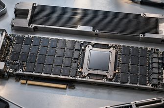 Photorealistic illustration of a high-capacity PCIe AI accelerator with multiple onboard memory chips, an exposed processor and a removed passive heatsink, representing Intel's 480GB LPDDR5X GPU architecture.