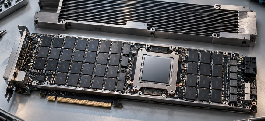 Photorealistic illustration of a high-capacity PCIe AI accelerator with multiple onboard memory chips, an exposed processor and a removed passive heatsink, representing Intel's 480GB LPDDR5X GPU architecture.