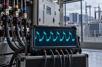 Industrial power-quality analyzer displaying synchronized electrical power fluctuations inside an AI data center electrical room, with a power substation visible outside.
