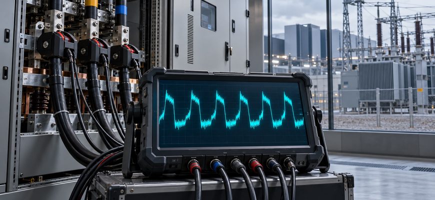 Industrial power-quality analyzer displaying synchronized electrical power fluctuations inside an AI data center electrical room, with a power substation visible outside.