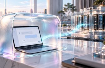A laptop surrounded by frosted glass, with a subtle illuminated connection extending toward a miniature data center, illustrating the limits of incognito browsing.