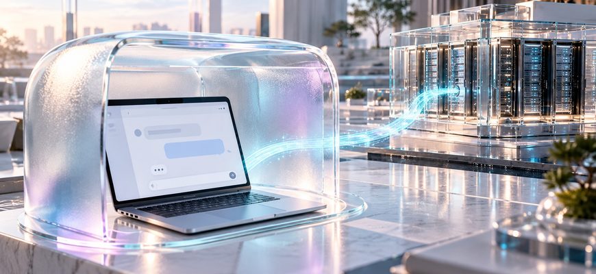 A laptop surrounded by frosted glass, with a subtle illuminated connection extending toward a miniature data center, illustrating the limits of incognito browsing.