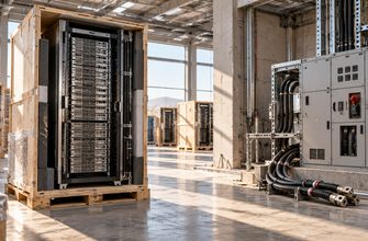 A crated AI server rack sits beside unfinished electrical switchgear in a bright industrial facility, illustrating how AI hardware can arrive before data center power is ready.