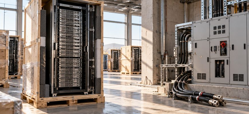 A crated AI server rack sits beside unfinished electrical switchgear in a bright industrial facility, illustrating how AI hardware can arrive before data center power is ready.