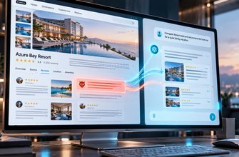 A desktop monitor showing a hotel review website with a suspicious highlighted instruction next to an AI assistant, illustrating a prompt injection attempt.