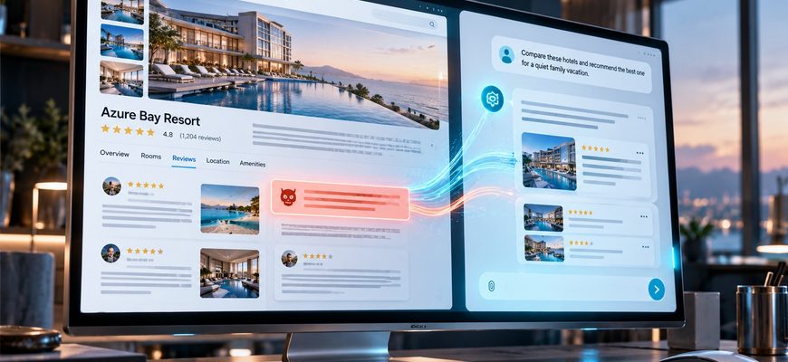 A desktop monitor showing a hotel review website with a suspicious highlighted instruction next to an AI assistant, illustrating a prompt injection attempt.