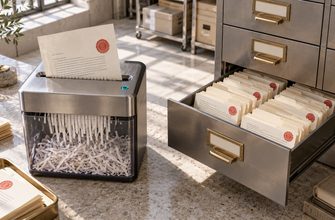 A paper document being shredded beside an open filing cabinet of preserved index cards, illustrating how AI can still retrieve information from deleted files.