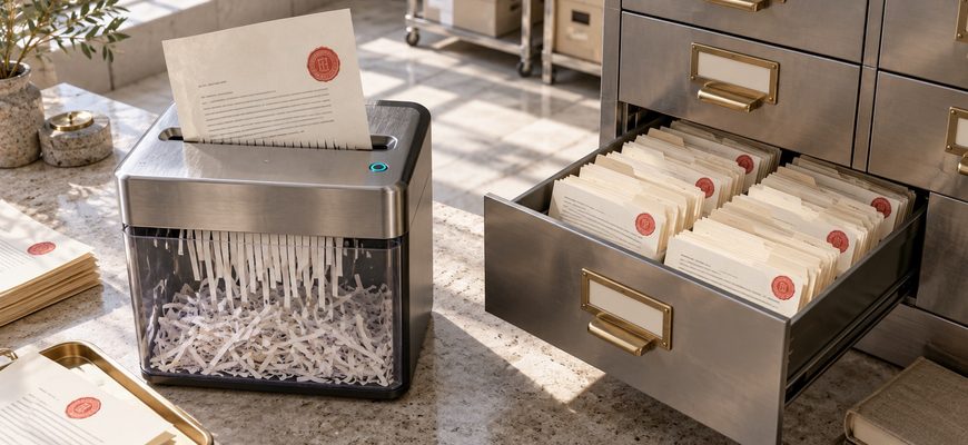 A paper document being shredded beside an open filing cabinet of preserved index cards, illustrating how AI can still retrieve information from deleted files.
