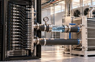 AI rack cooling system with liquid-cooled server hardware, coolant hoses, a manifold and a heat exchanger inside a data center