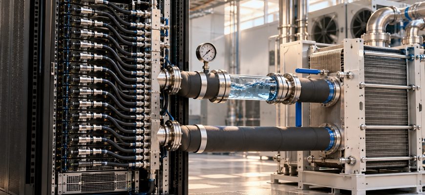 AI rack cooling system with liquid-cooled server hardware, coolant hoses, a manifold and a heat exchanger inside a data center