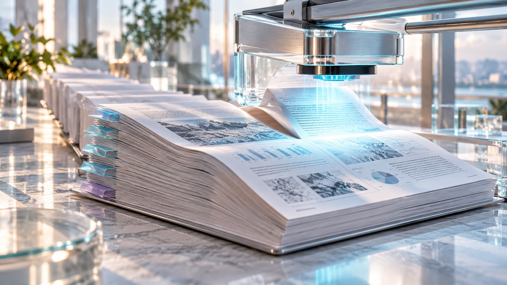Photorealistic editorial illustration of a large open report beneath a precision optical document scanner, showing how document pages may be processed and examined.